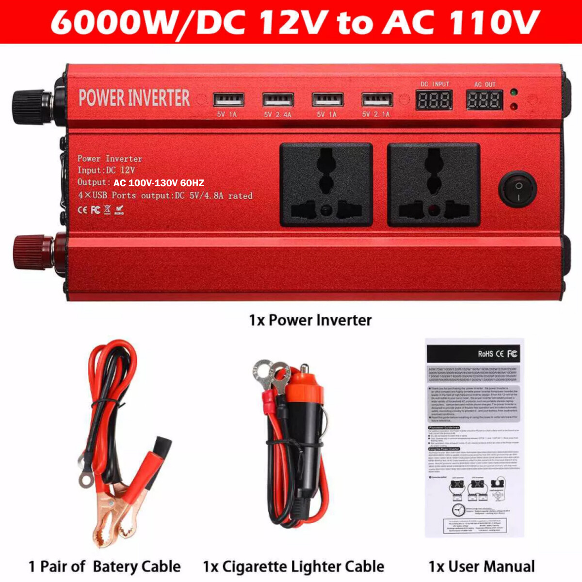 6000W Car Power Inverter DC 12V To AC 110V Pure Sine Wave Solar Converter LCD