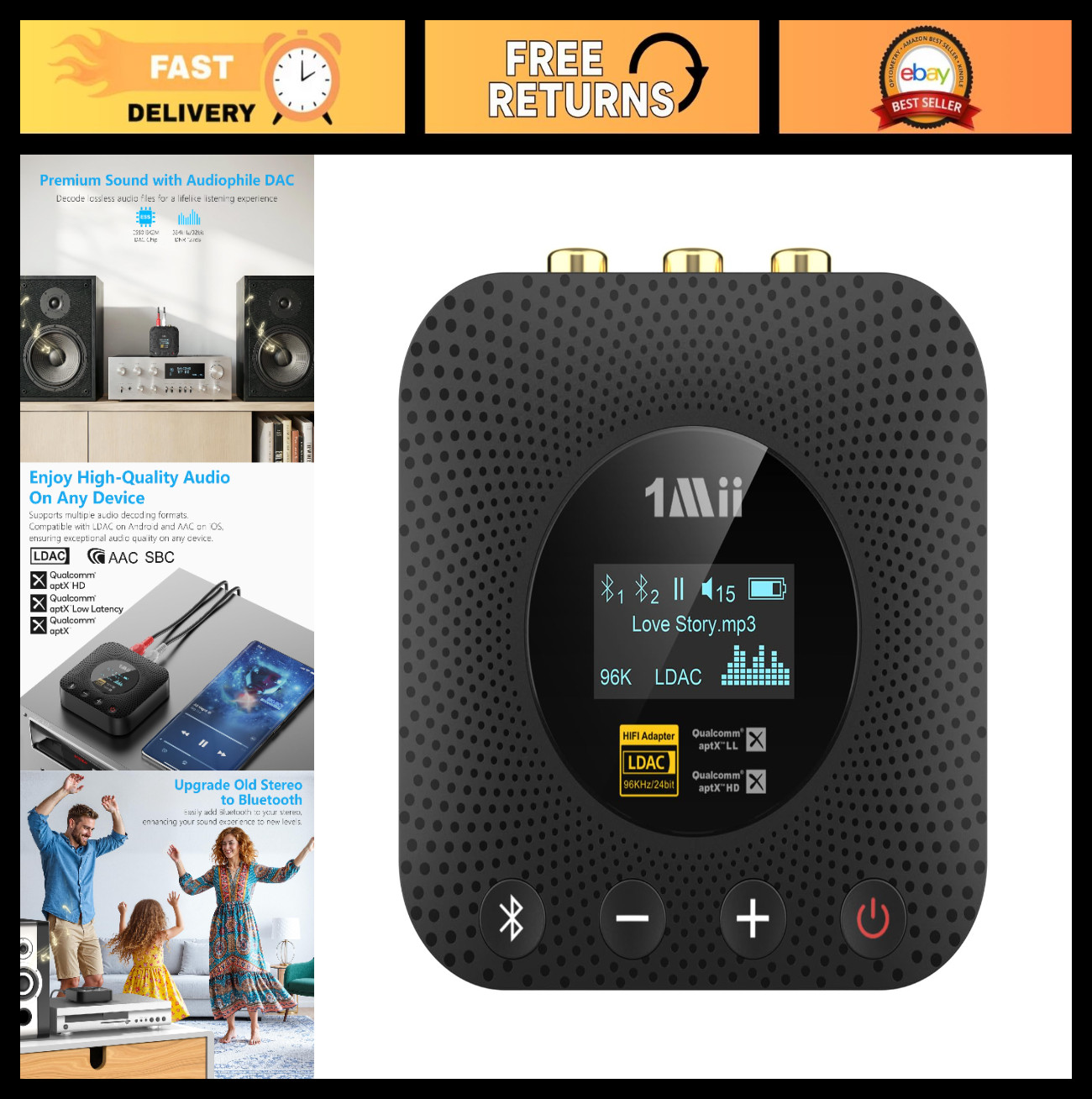 Hi-Res Bluetooth 5.3 Receiver for Home Stereo, Audiophile DAC, aptX HD, RCA/Opti