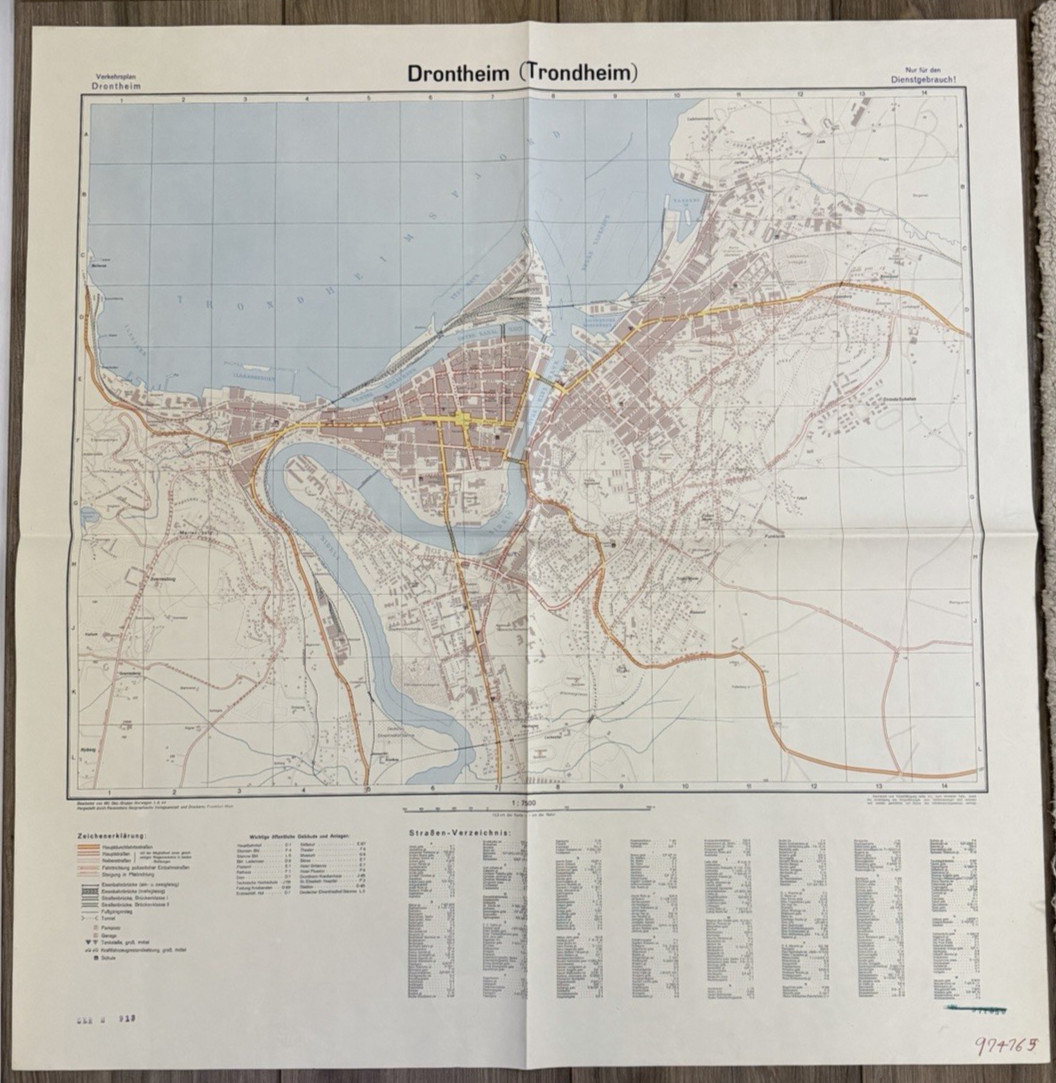 WWII WW2 Original German Military City Map Trondheim Norway 1944!