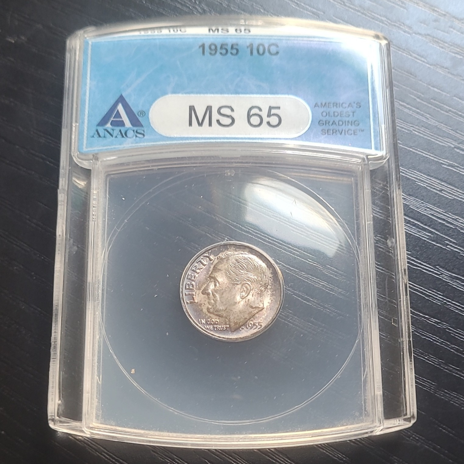 1955 Roosevelt Dime 10C Vintage Blue ANACS Slab MS65 Toned