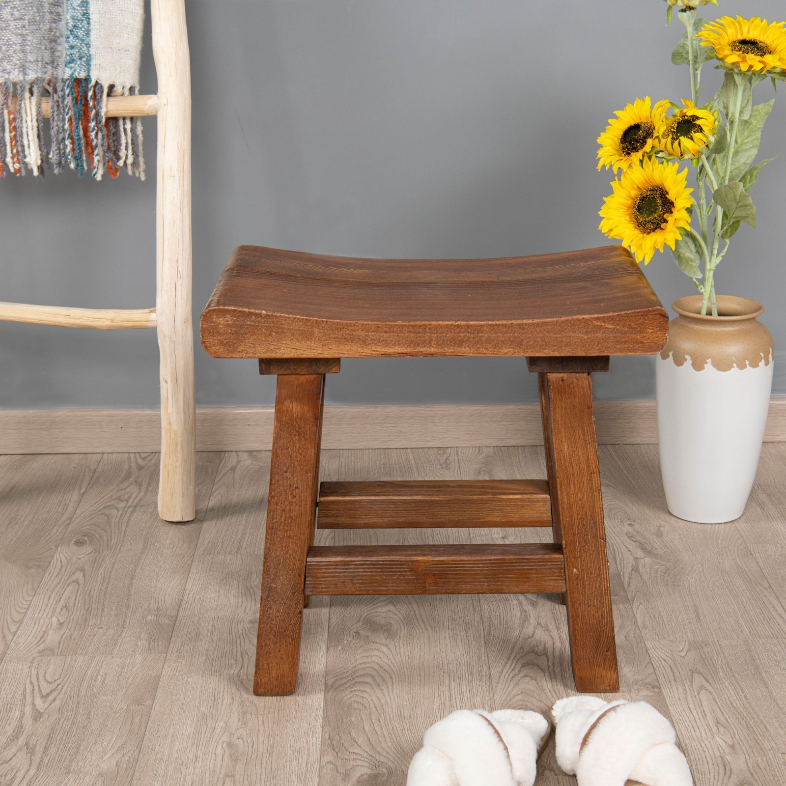 Rustic Old Pine Wooden Stool Bench Side Table Farmhouse Bedside Table 18.5" H