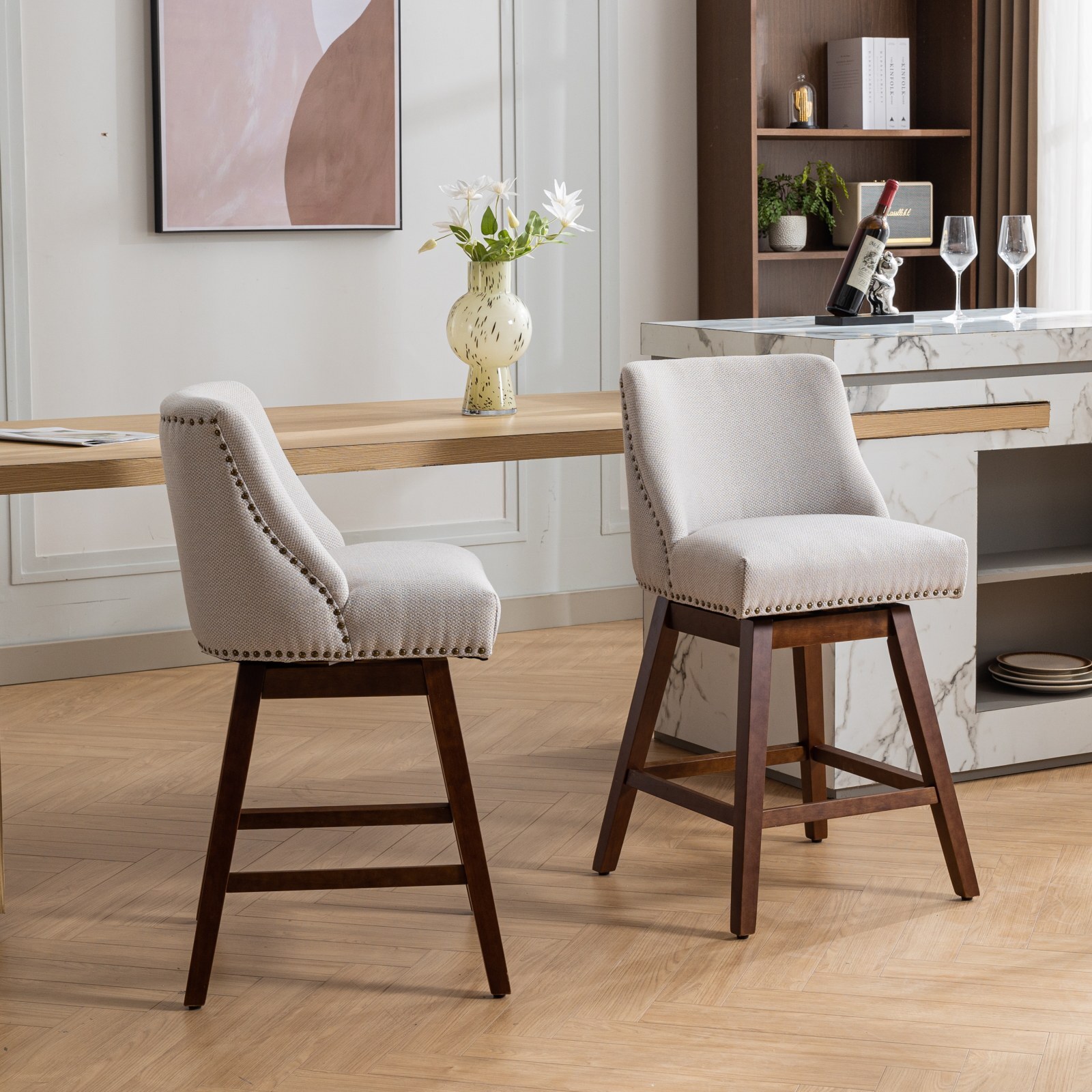 2Set Swivel Bar Stools Kitchen Bar Chair Fabric Upholstered Counter Height Beige