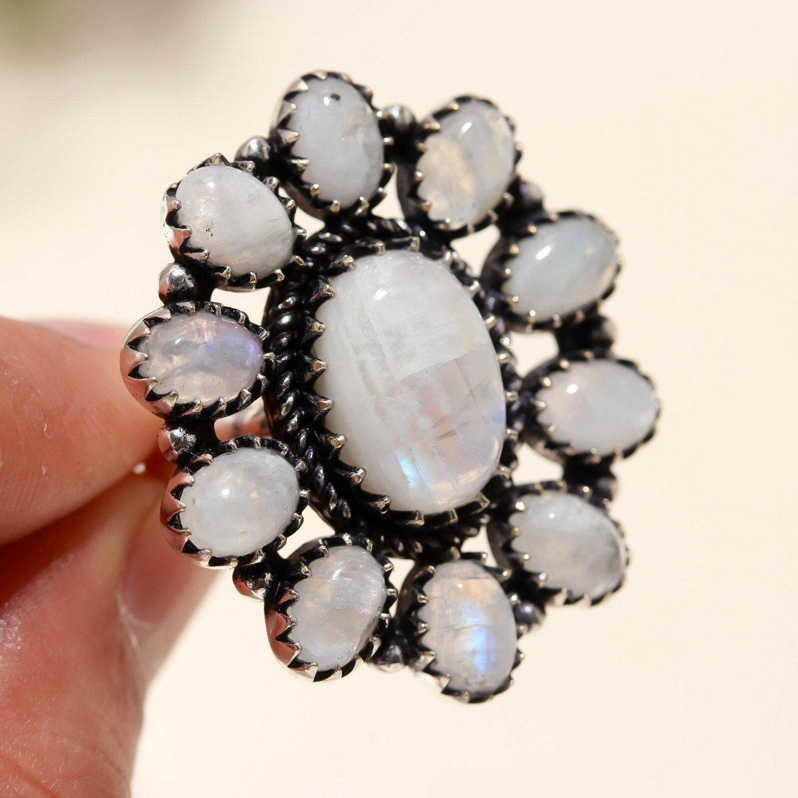 Natural Rainbow Moonstone Gemstone Ring Jewelry 925 Sterling Silver Gift For Her