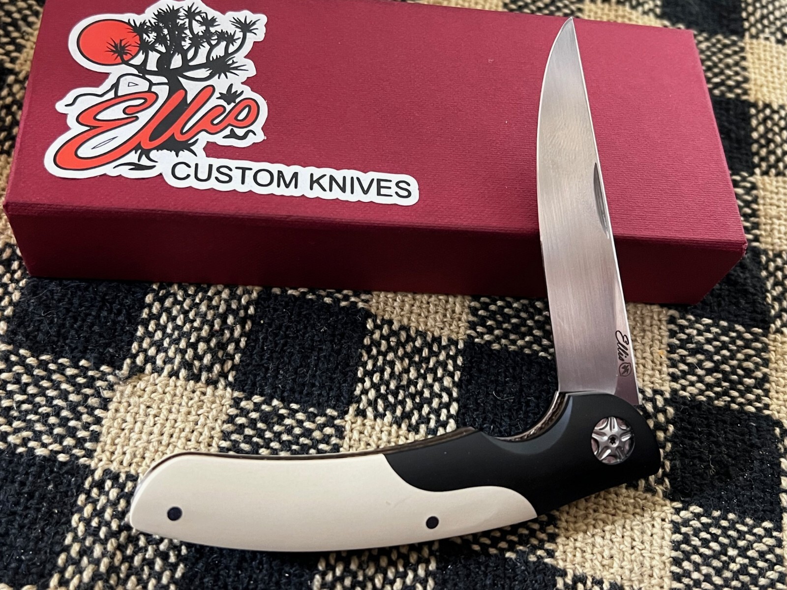 JOHAN ELLIS CUSTOM ORYX WHITE & BLACK PAPER MICARTA RWL 34 STEEL SLIPJOINT KNIFE