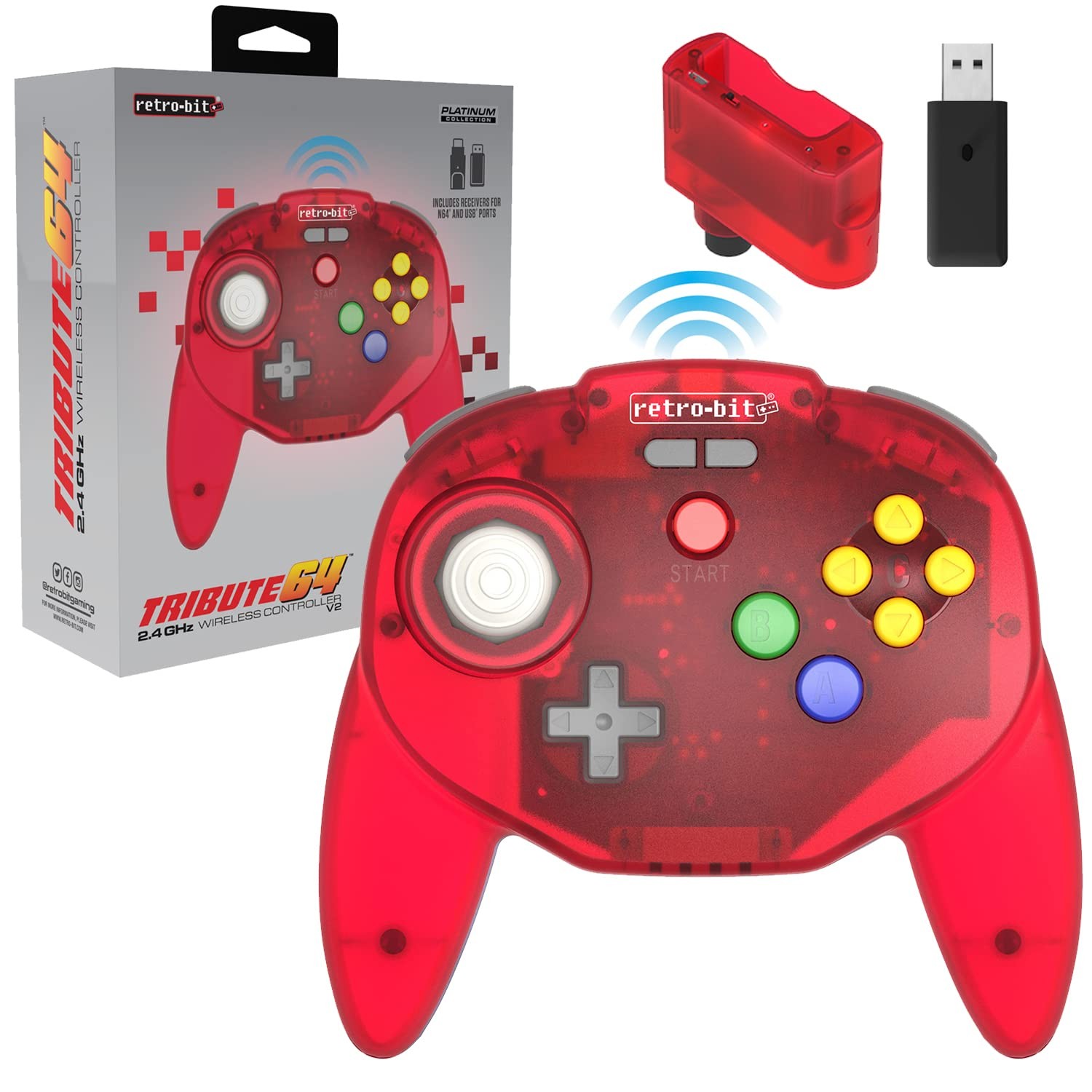 Retro-Bit Tribute 64 Wireless Controller for Nintendo 64, Switch, PC - Red