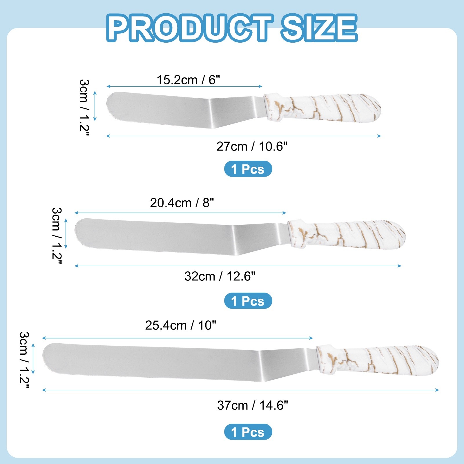 6, 8, 10" Cake Offset Spatula Set of 3 White (Curved Handle)