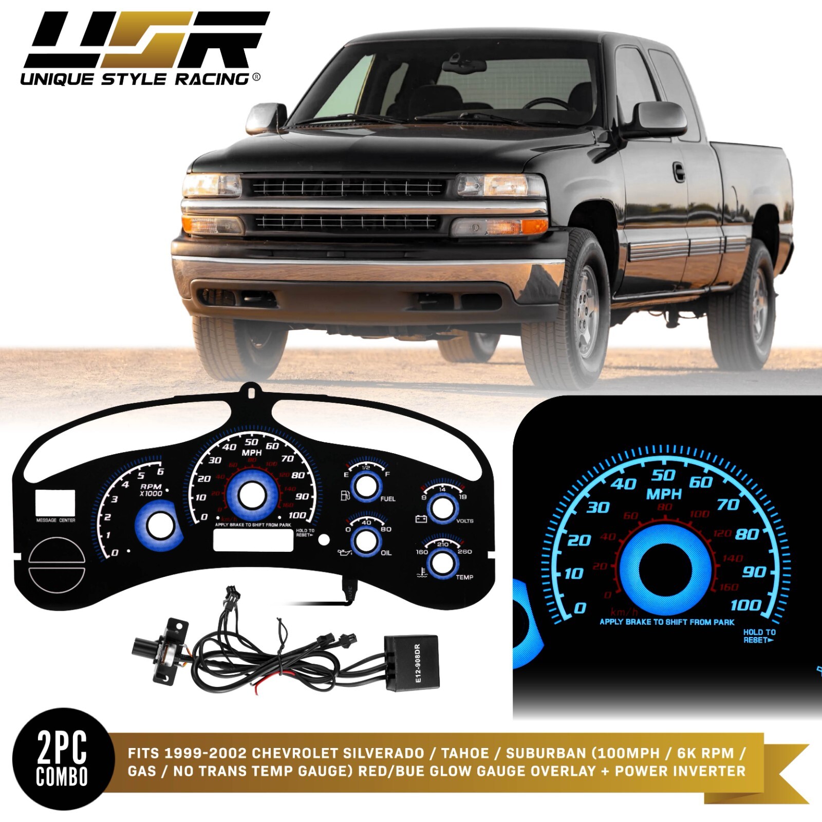 Blue Glow Gauge Black Overlay For 99-02 Chevy Silverado Suburban Sierra Cluster