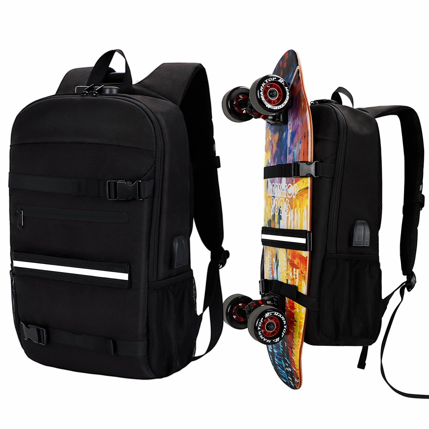 Water Resistant, Laptop, Skateboard Backpack with USB Charging Port, Black
