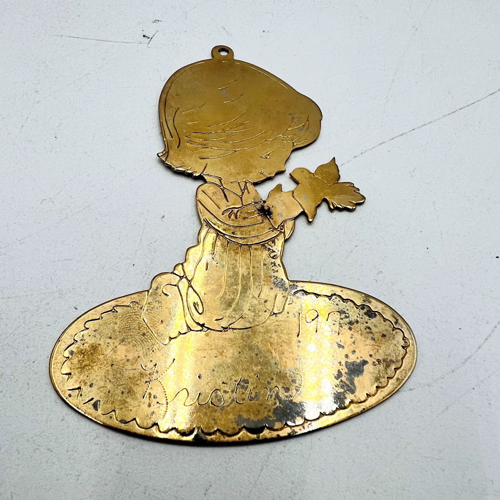 Vtg Leonard Silver Company Brass Little Girl "Kristin" with Bird Ornament