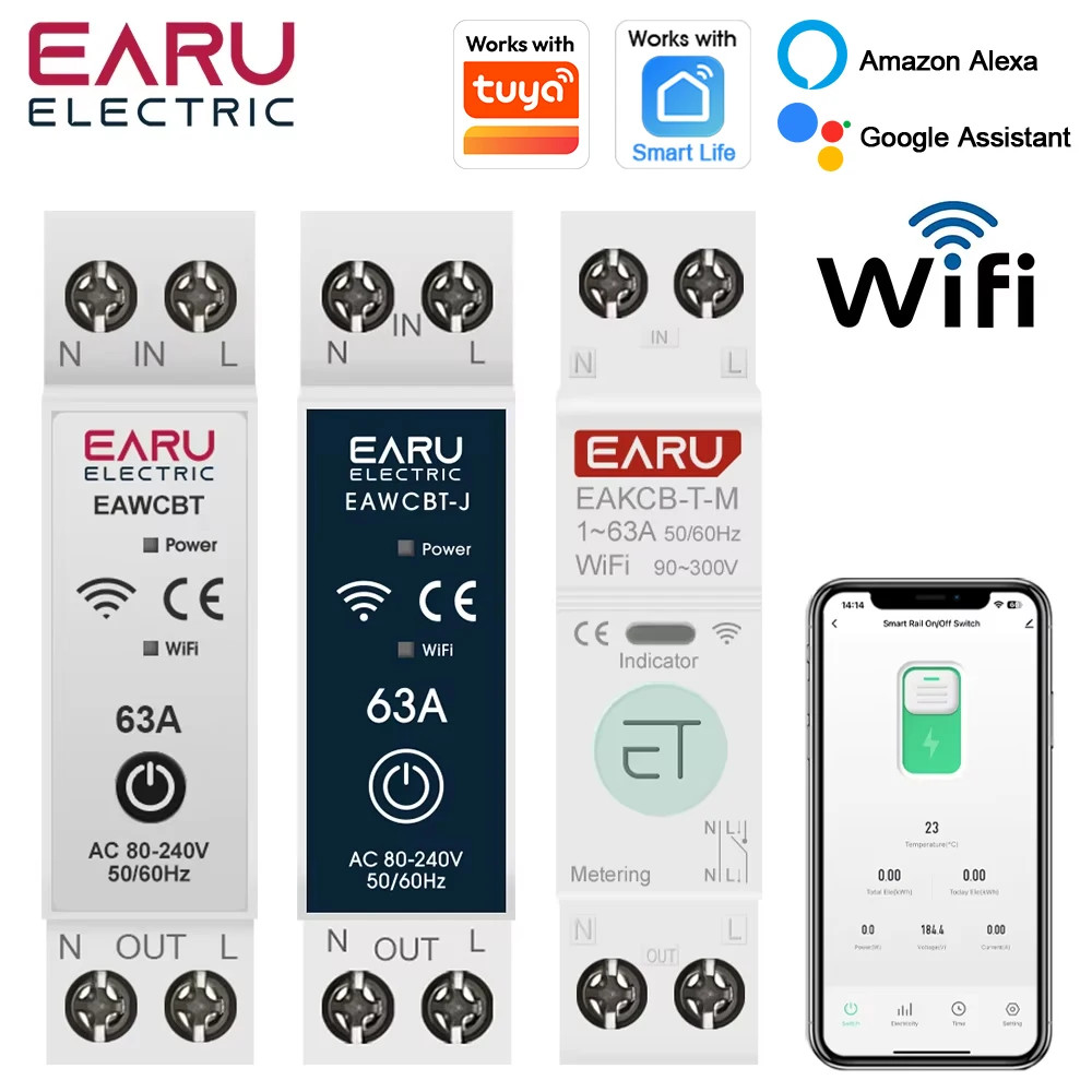 Tuya WiFi Smart Circuit Breaker MCB 1P+N 63A Timer Power Energy kWh Voltage Curr