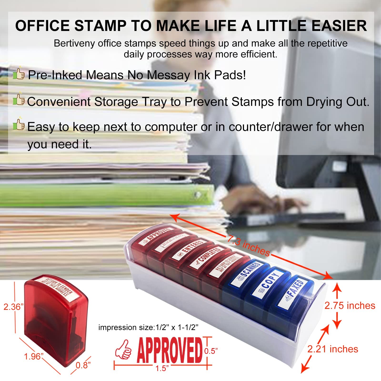 Bertiveny Self Inking Office Stamp Set for Approved Paid 3.5cm x 1cm,