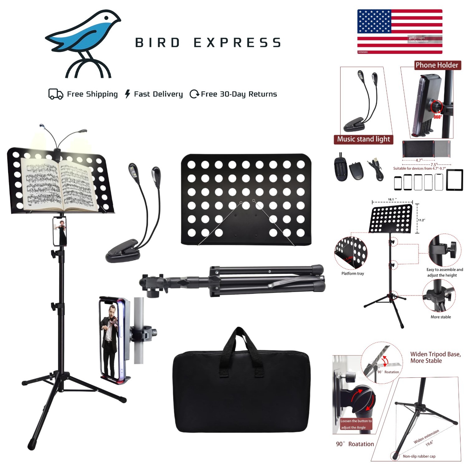 Adjustable Metal Sheet Music Stand w Light, Phone Holder, Carrying Bag, 33-57in
