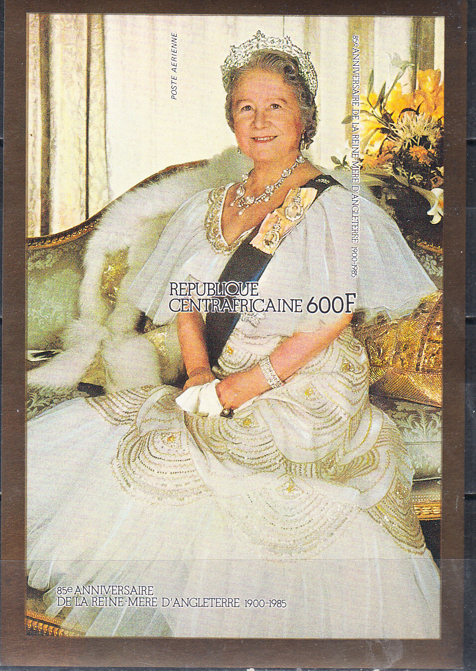 W CENTRAL AFRICA 0698Bv QUEEN MOTHER 85TH ANNIVERSARY IMPERFORATED SOUV SHEET