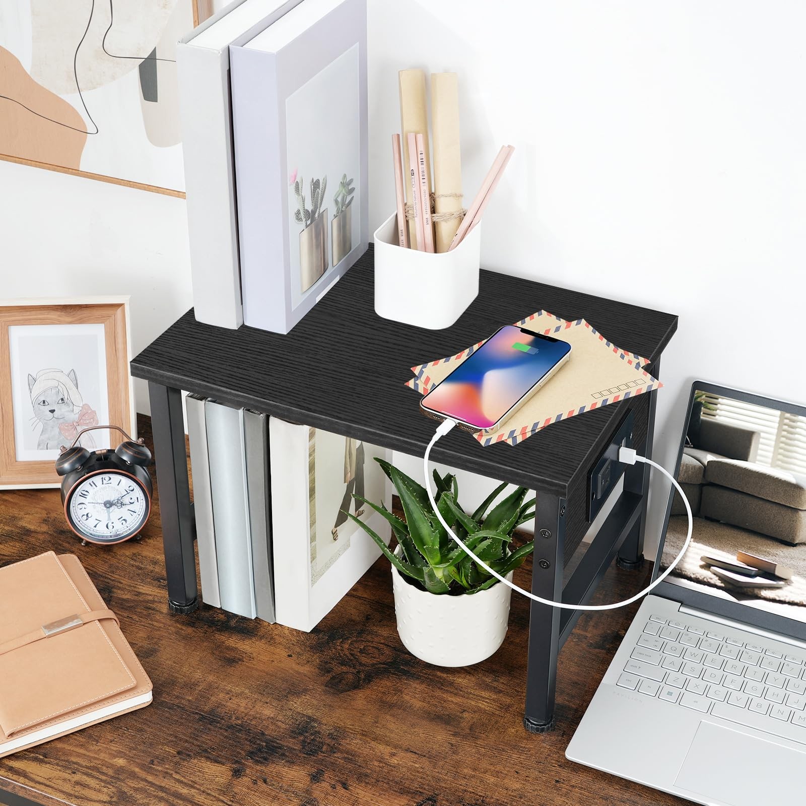 Desktop Printer Stand Charging Station Small Table Storage Hook Cart Black