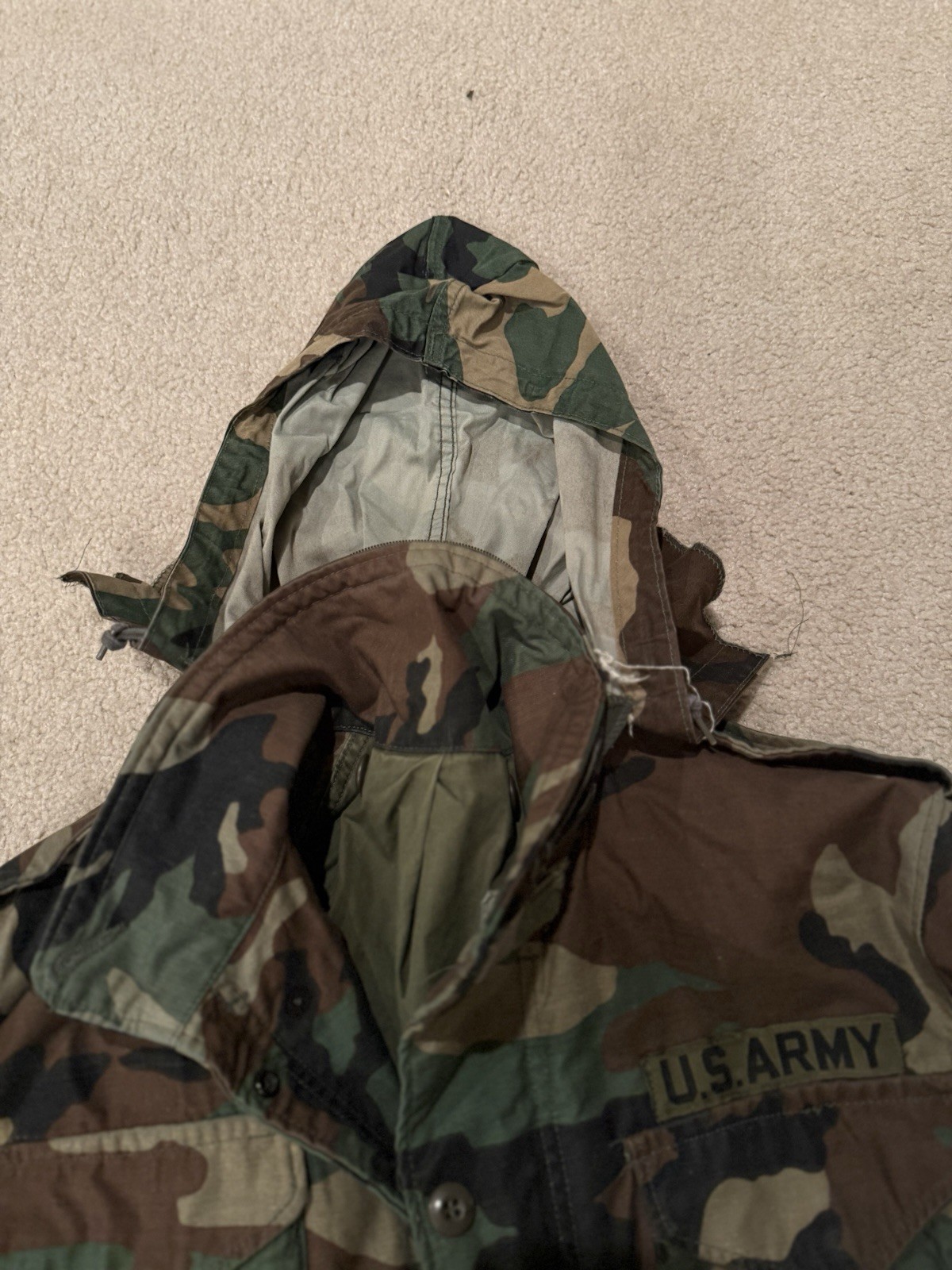 Vintage U.S. Army M-65 Field Jacket Woodland Camo Small Short Hooded
