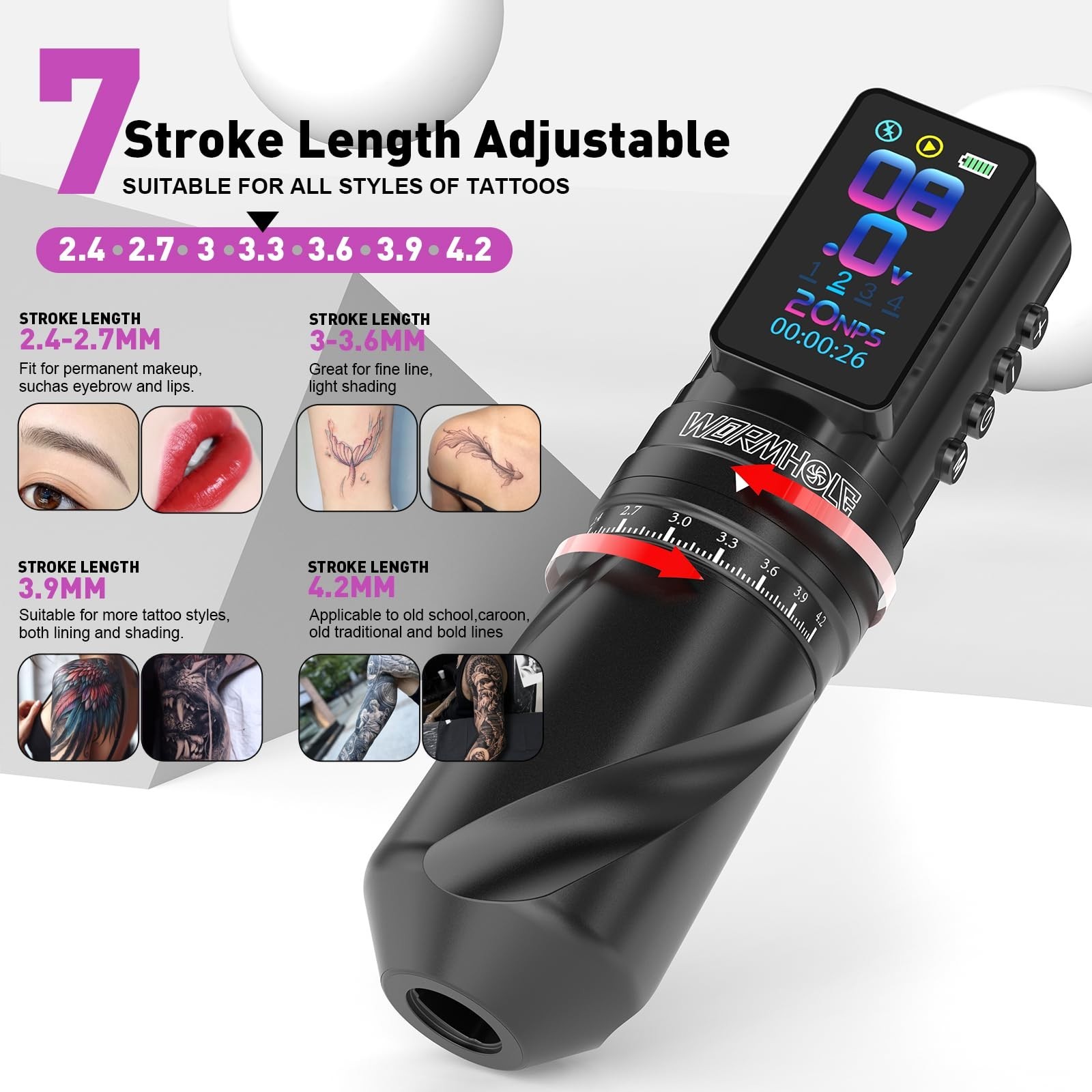 Wireless Tattoo Machine with 2 PCS 2300mAh Batteries, Smart Display, 3 Modes, 7