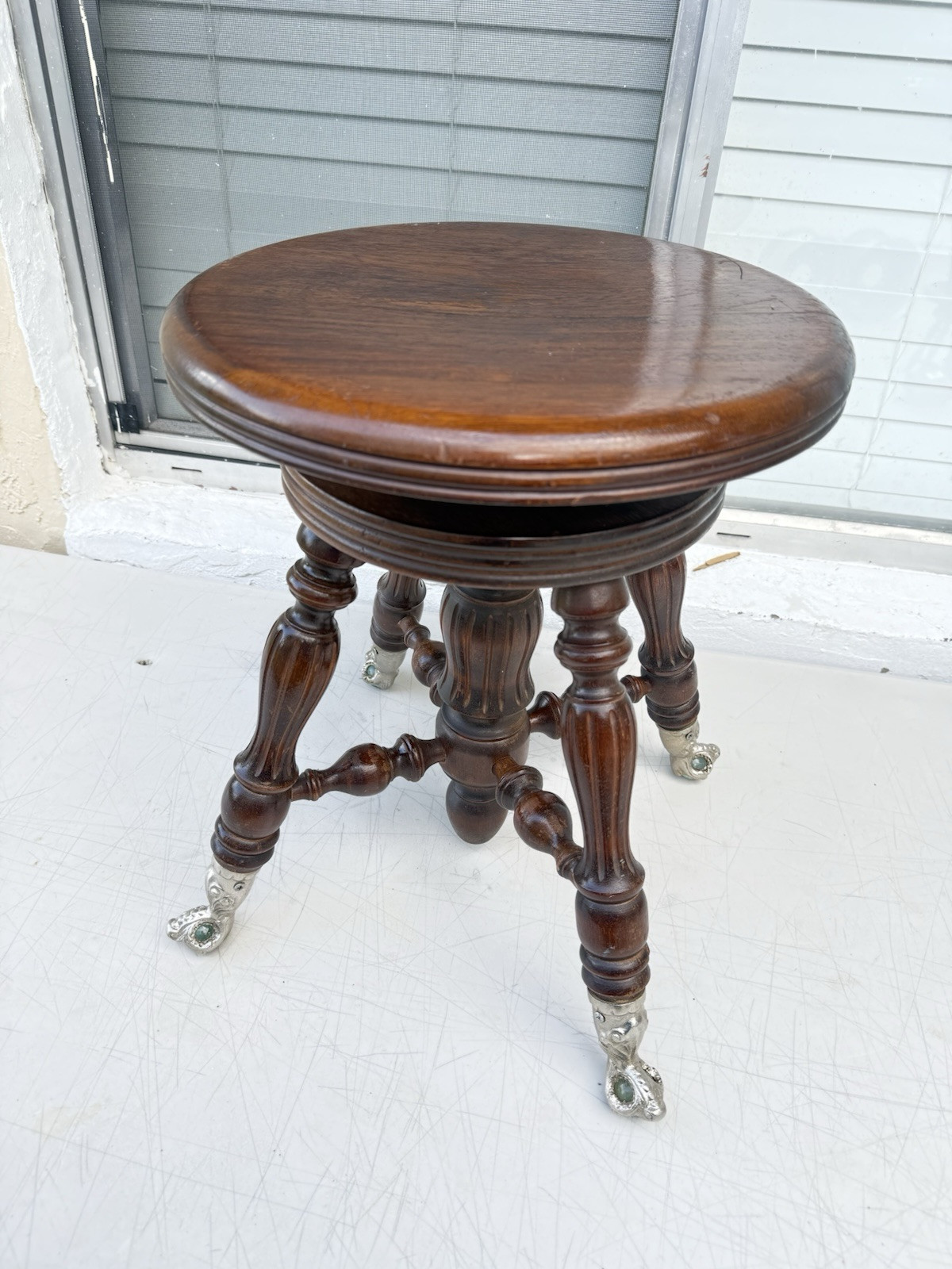 Piano Organ Wooden swivel Stool w Brass Claw glass ball feet Adjustable Antique