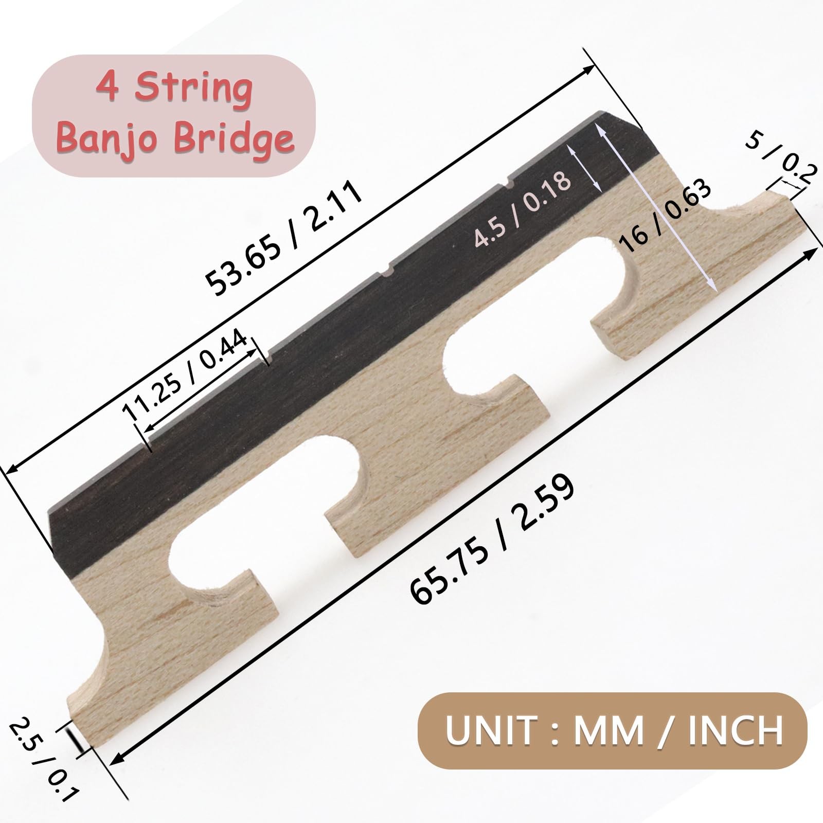 CashBeat 4-String Banjo Bridge - Premium Ebony and Maple 4 String, natural