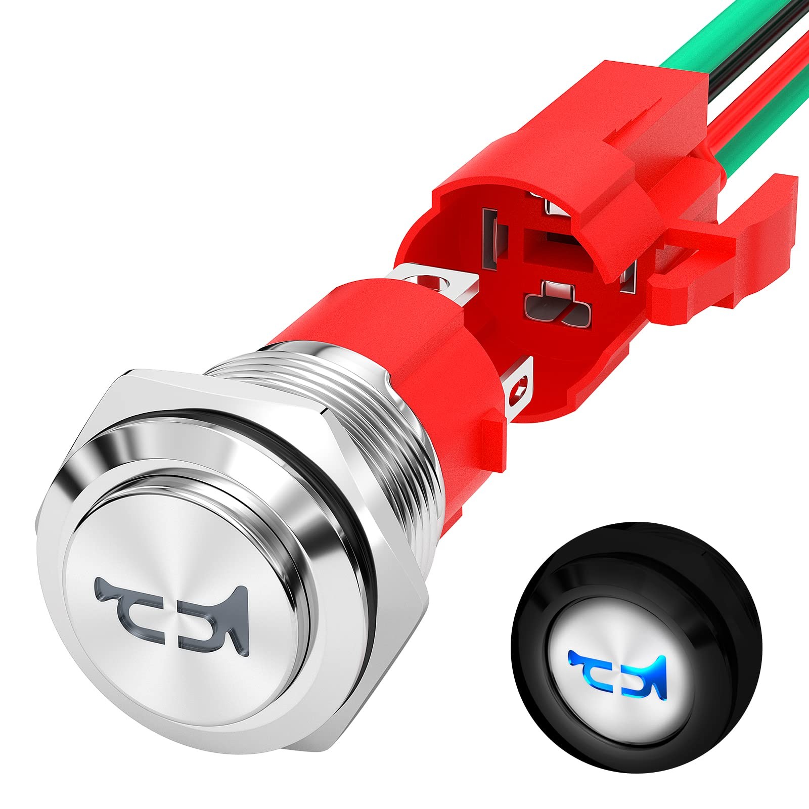 Horn Button 12V 20A Heavy Duty 16MM Metal Horn Switch Speaker Blue LED Illumiant