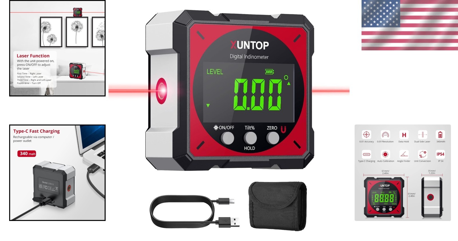 Compact USB Angle Gauge with Dual Laser & Automatic Inversion – Durable Design