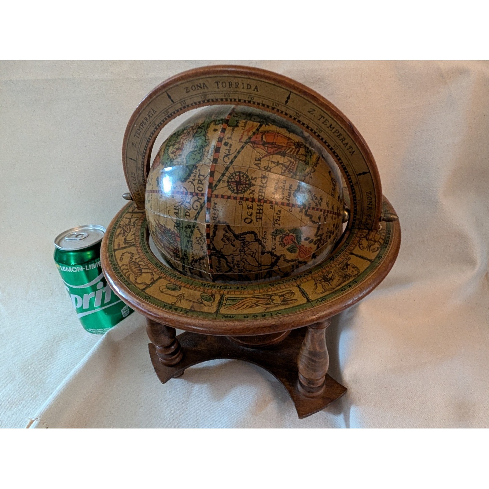 Wooden Tabletop Old World Globe Zodiac Horizon Ring Nautical Decor 11 In