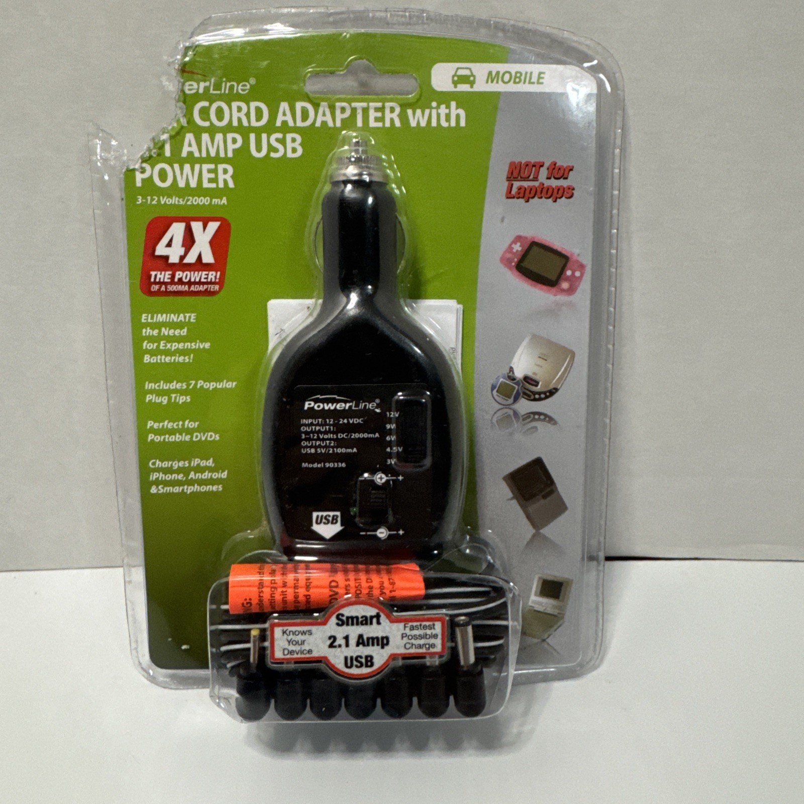 Powerline Car Cord Adapter 2.1 AMP USB Power 2000 mA 3-12 Volts w/ 7 Plug Tips