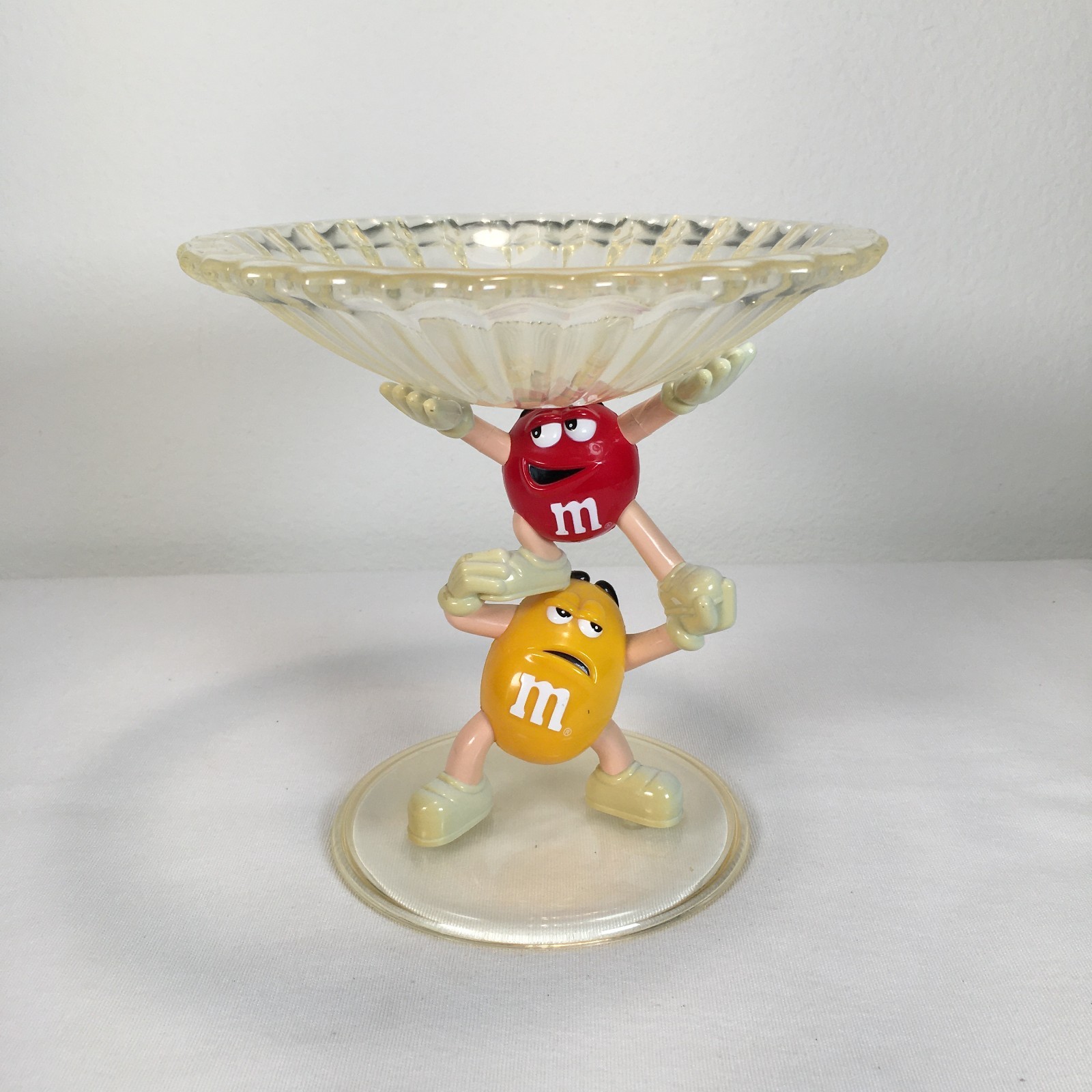 Vintage M&M Acrylic Candy Pedestal Dish Yellow & Red Candy 7x7"