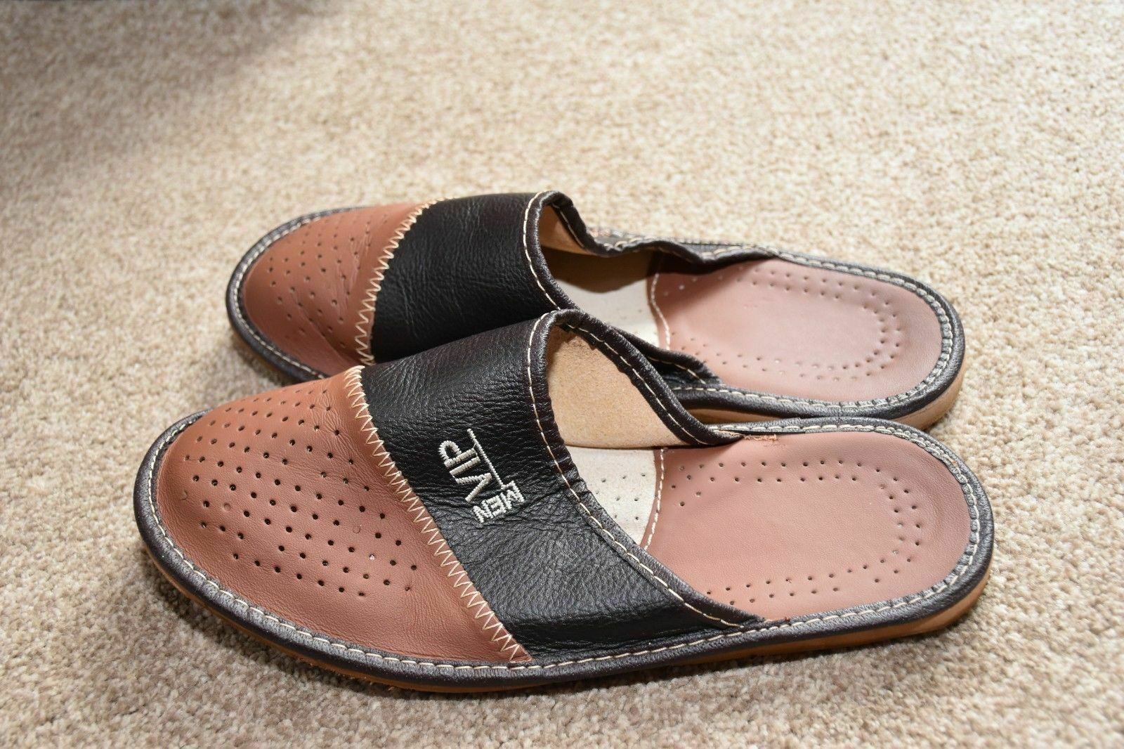 Men's VIP Sheepskin Leather House Scuff Slide Slippers Lightweight Brown Comfy