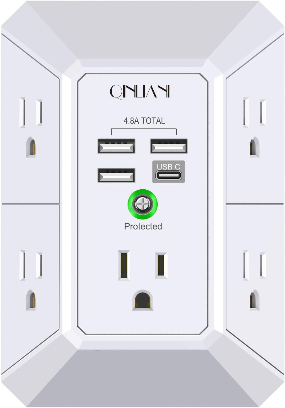 Wall Charger, Surge Protector, QINLIANF 5 Outlet Extender with 4 USB Charging Po
