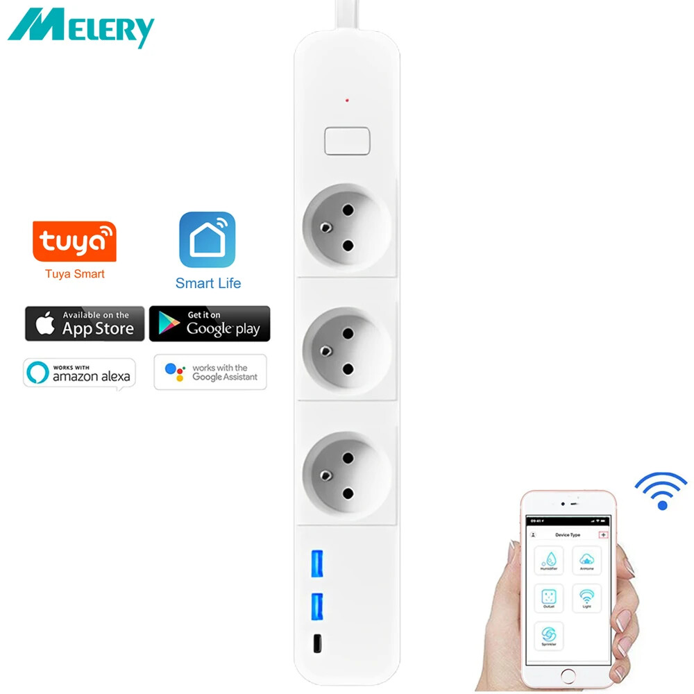 Wifi Smart Home Power Strip Surge Protector French Outlets Plug Tuya App Control