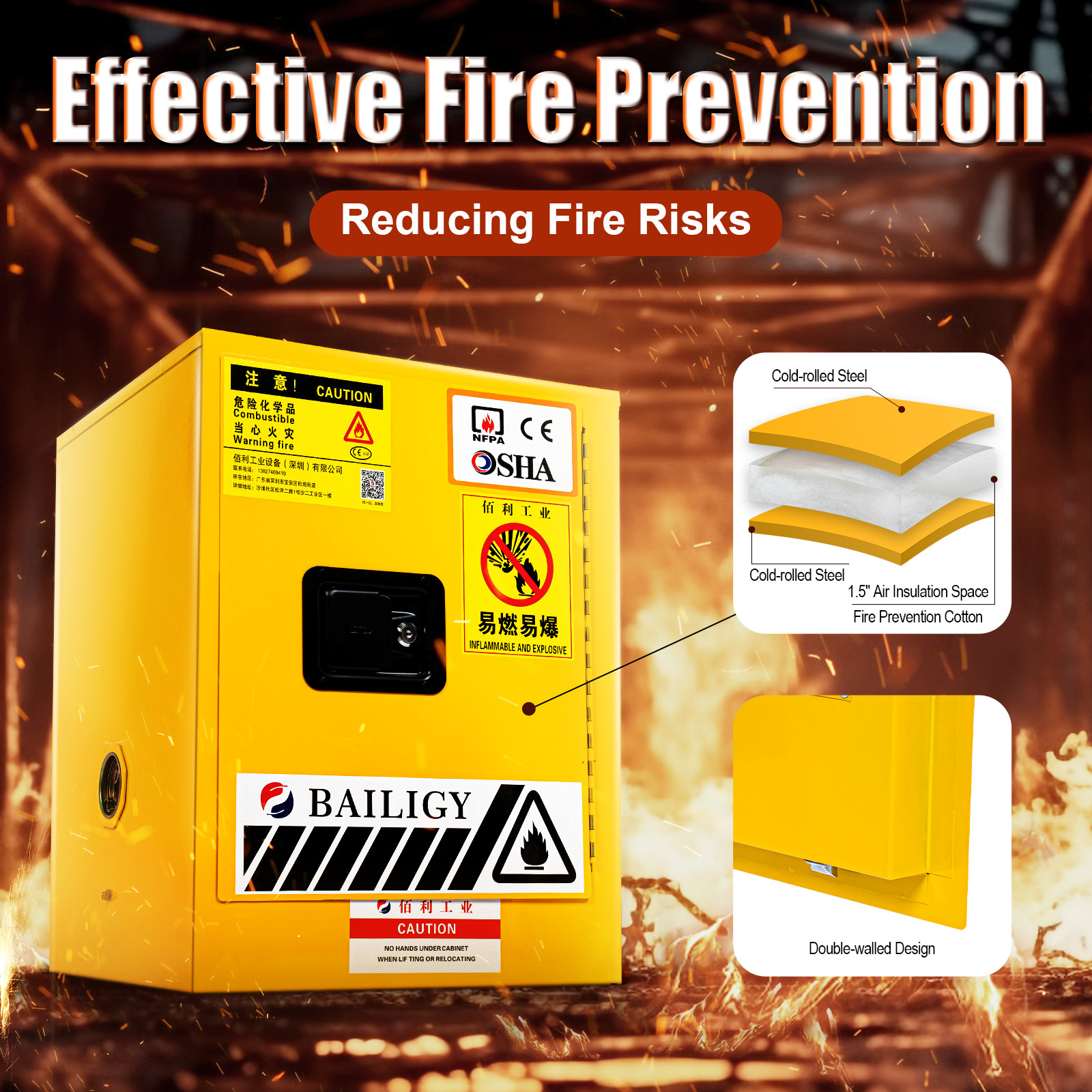 4 Gallon Fireproof Safety Storage Welded Cabinet Bin Flammable Liquid Storage