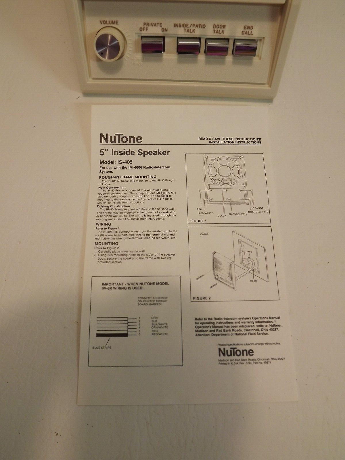 NuTone Recessed 5" Inside Speaker ISB-405L White NOS