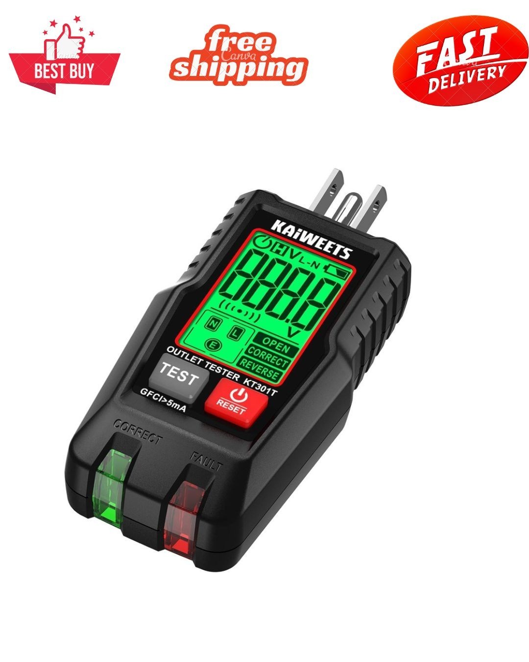 GFCI Outlet Tester With LCD Display, 3-Prong Receptacle Wiring Detector, Voltage