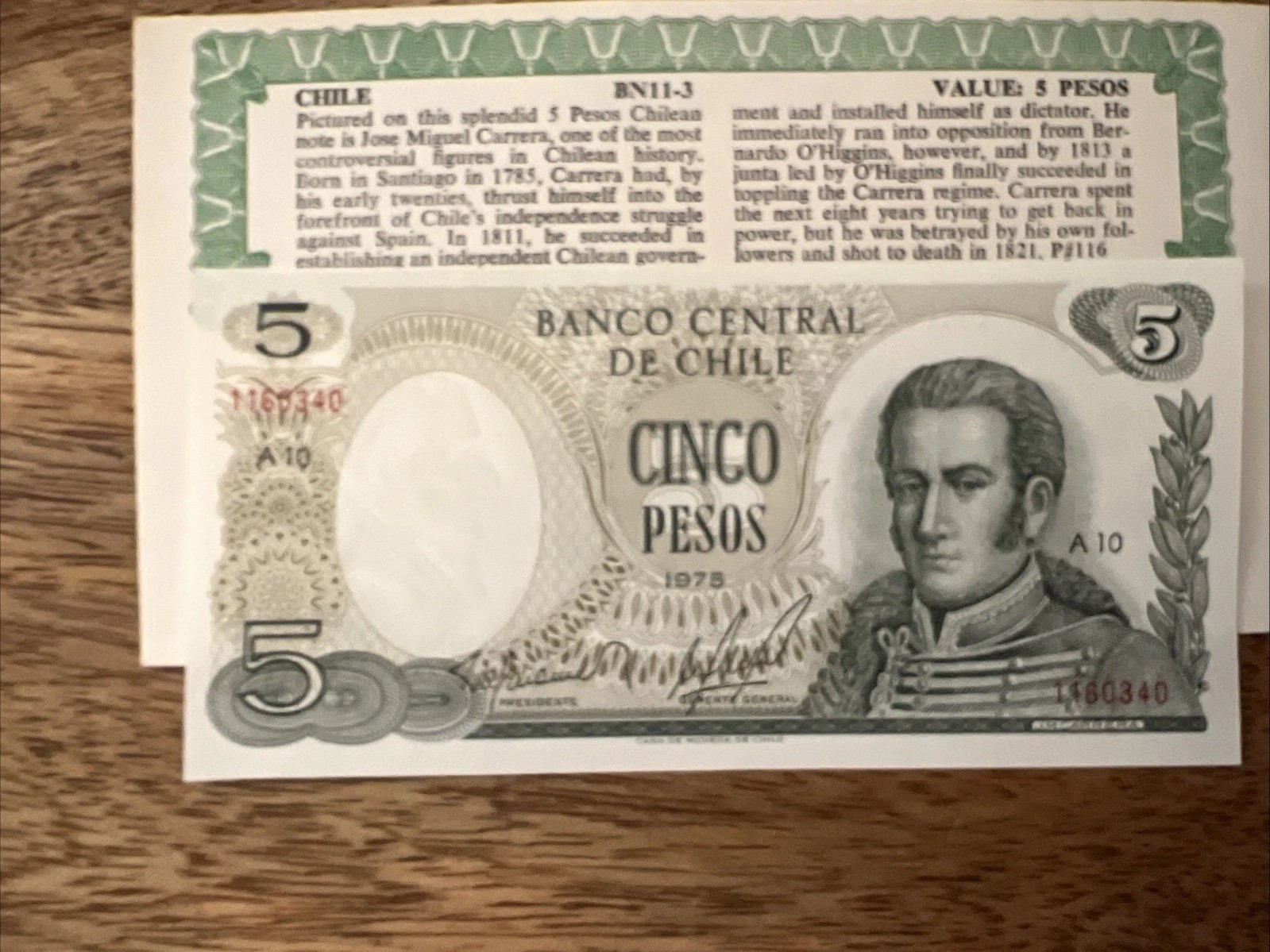 CHILE 5 Pesos Bill 1975- South Anerican Chile Casa De Los Carrera Banknote