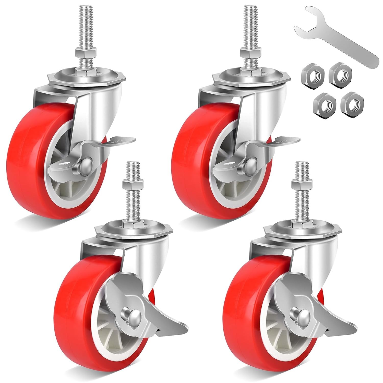 3 Inch Heavy Duty Stem Casters Swivel Wheels with Brake - 3/8" -16 x Red