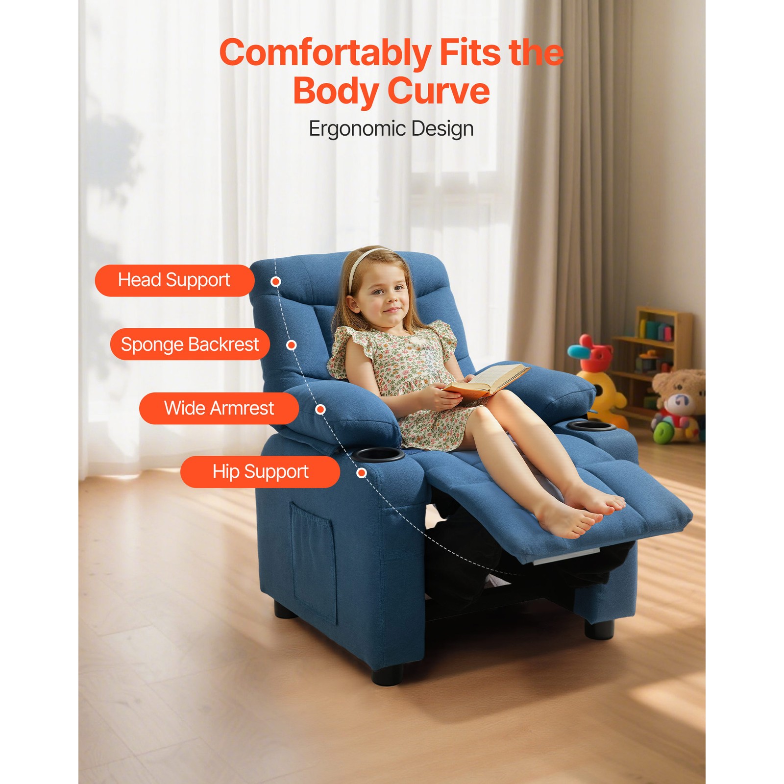 Uimoso Kids Reclining Chair Toddler Recliner with Cup Holders and Pockets (Blue)