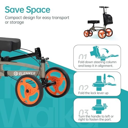 ELENKER Steerable Knee Scooter, Basket, Dual Braking System - Champagne/Black