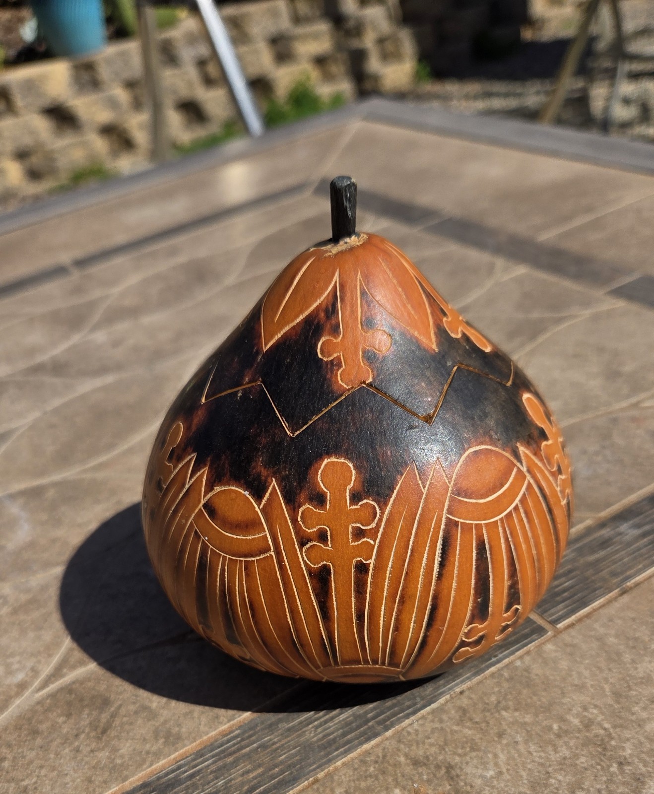 Handpainted Dried Gourd Decorative Trinket Container with Lid 5" tall