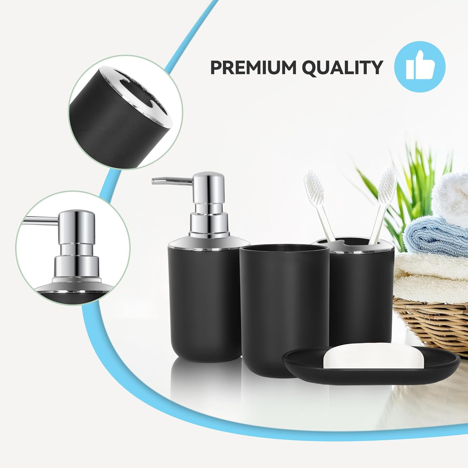 Black Bathroom Accessories Set 4 PCS, Black Bathroom Accessories, Plastic Soap D
