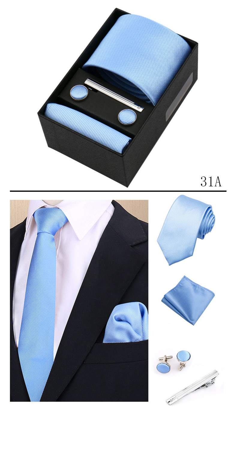 Mens Tie Pocket Square Cufflink Wedding Groom Set with Box