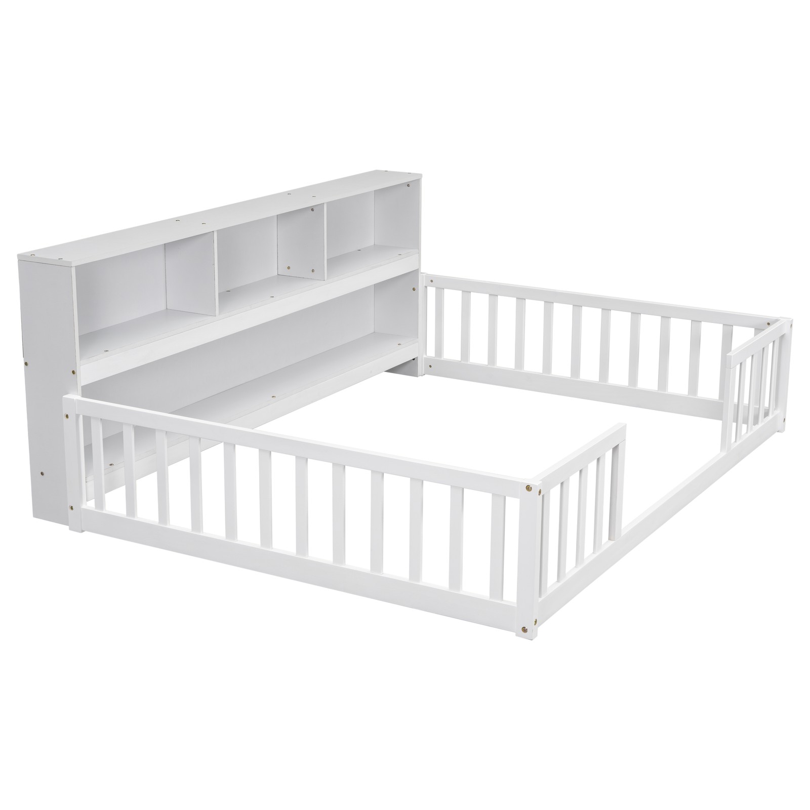 Full Size Floor Bed w/ Bookcase & Guardrails, White, Sturdy Pine Frame