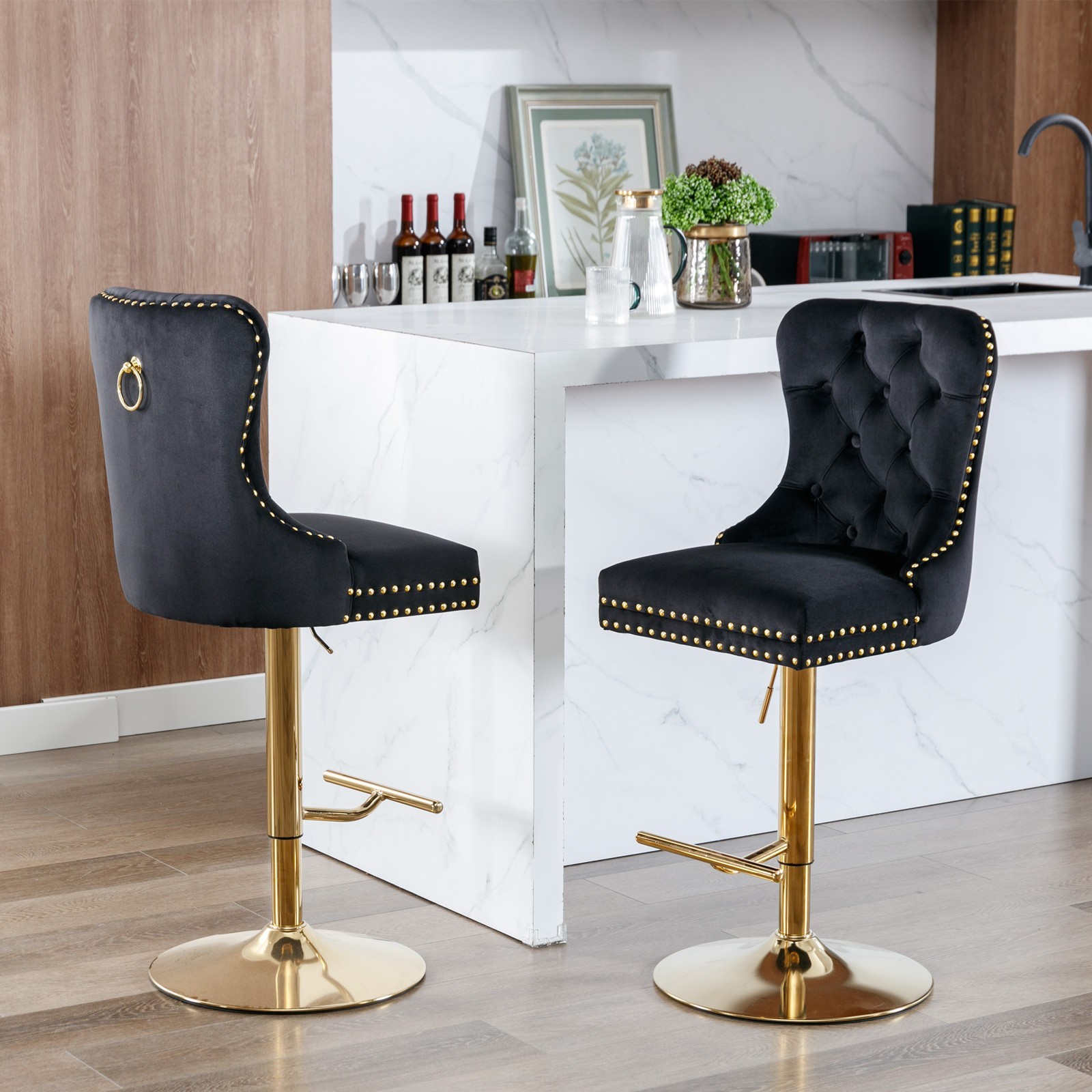 A&A Furniture Golden Swivel Velvet Barstools - Adjustable (27-35"), Tufted