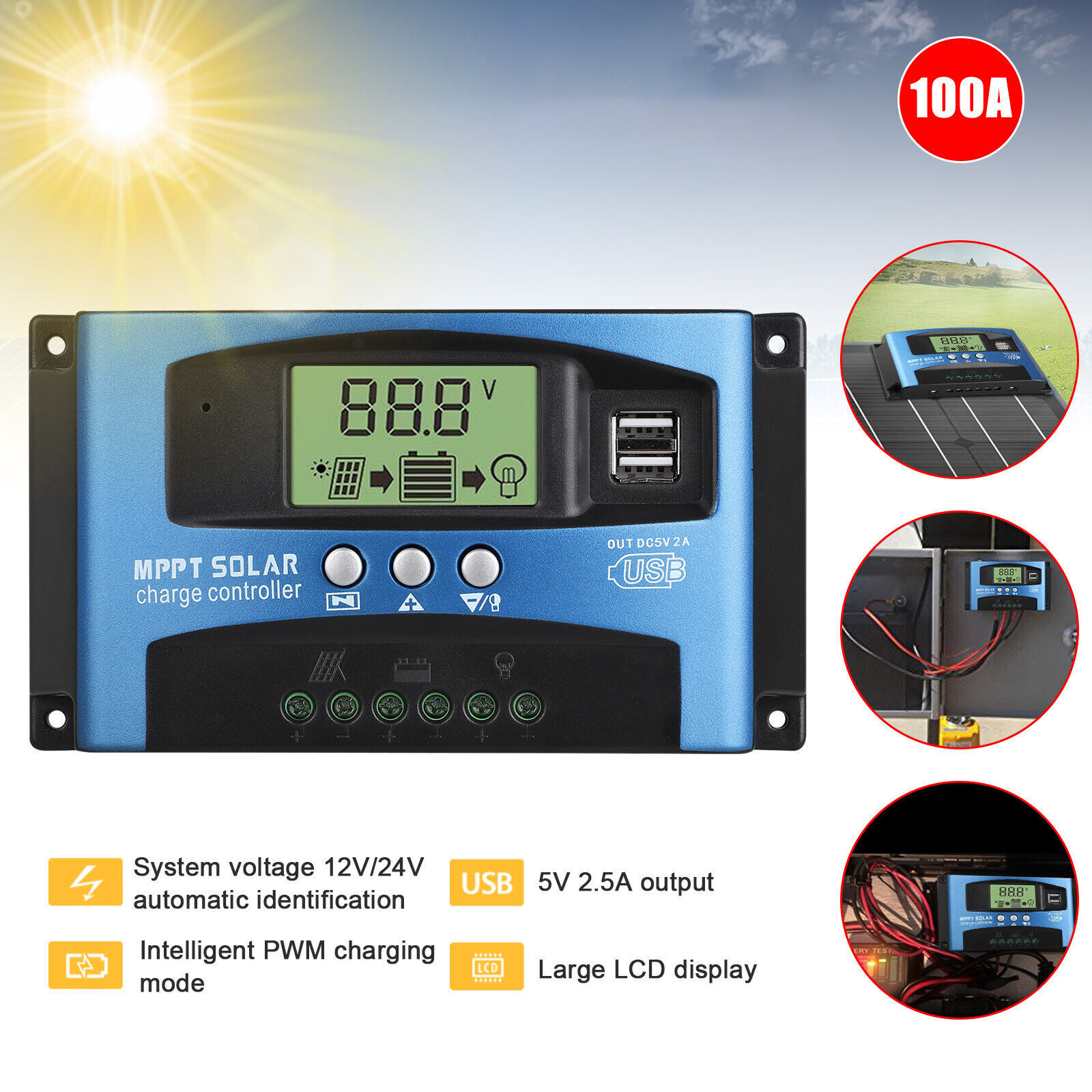 100A MPPT Solar Panel Regulator Charge Controller 12/24V Auto Focus Tracking New