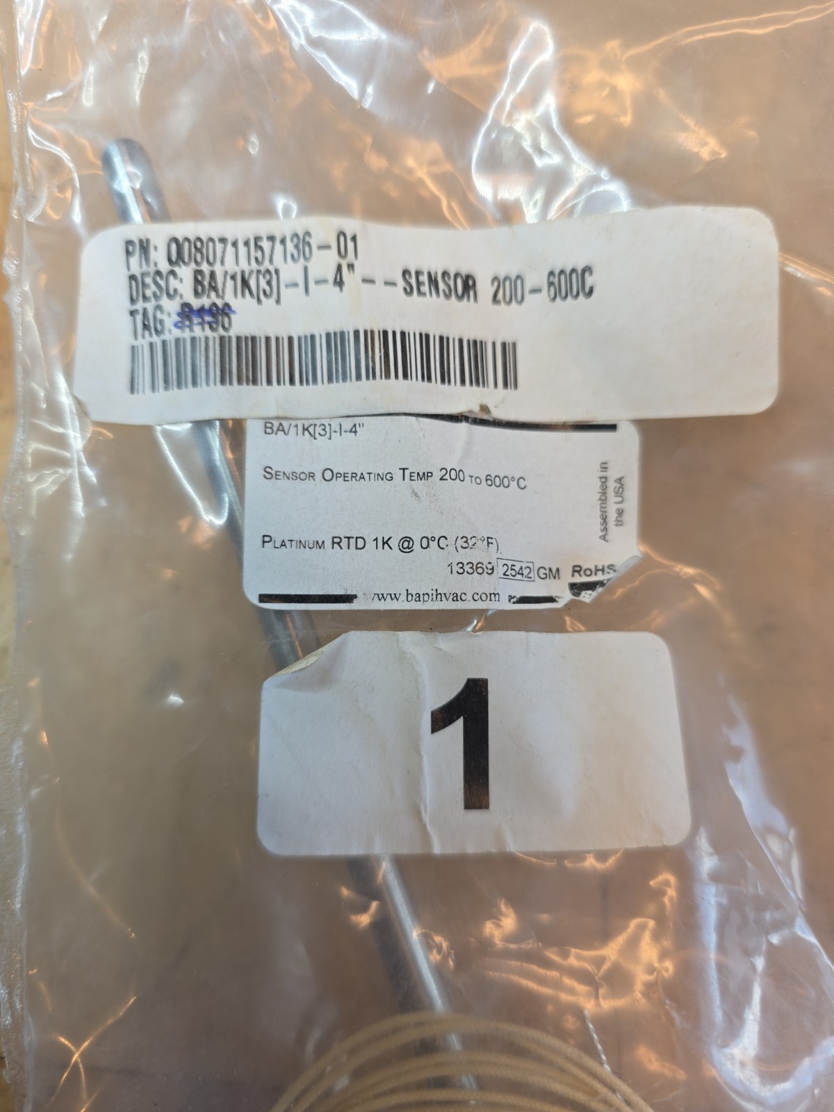 BAPI BA/1K3-I-4" Hydronic Immersion Temperature Sensor 1K Ohm Pt RTD 4"