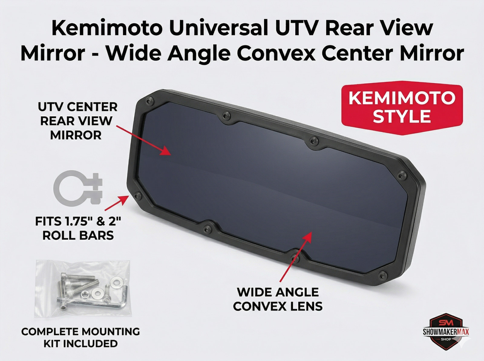 Kemimoto UTV Center Mirror fits 1.75" 2" Roll Bar RZR Can-Am (New Open Box