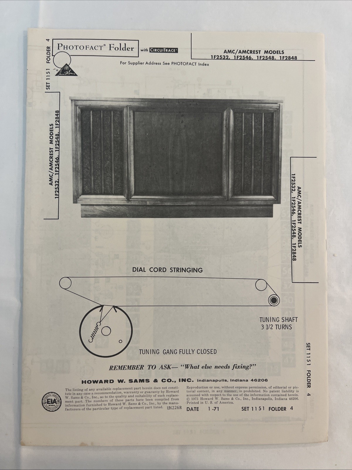 Vintage Sams Photofact Schematic 1-1971 AMC/AMCREST MODELS 1F2532, 1F2546,