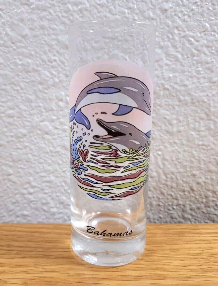 Bahamas Shot Glass Dolphins Tall Clear Pink Travel Souvenir Collectible Barware
