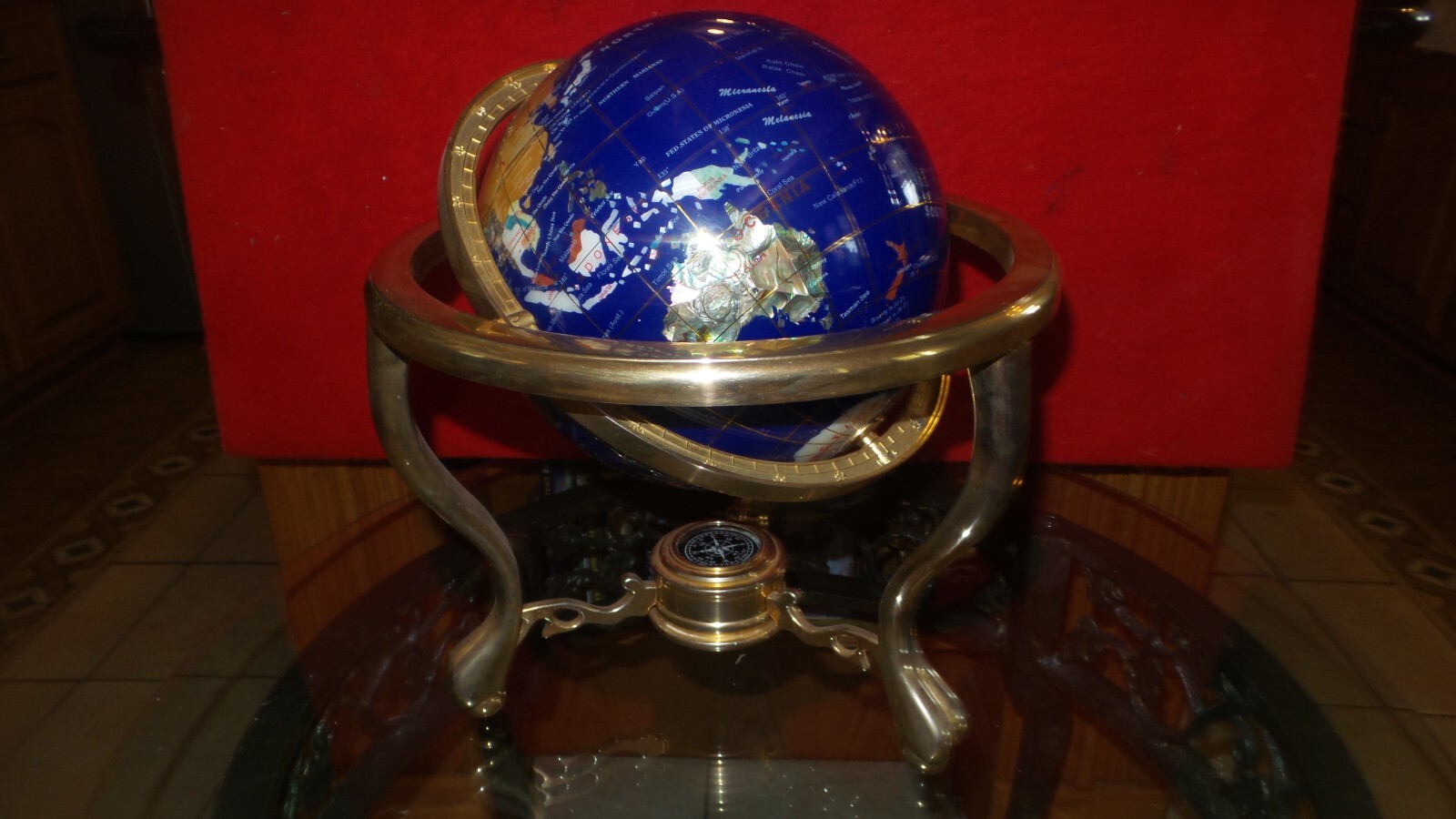 Beautiful Lapis Semi Precious Stone World Globe W/Compass