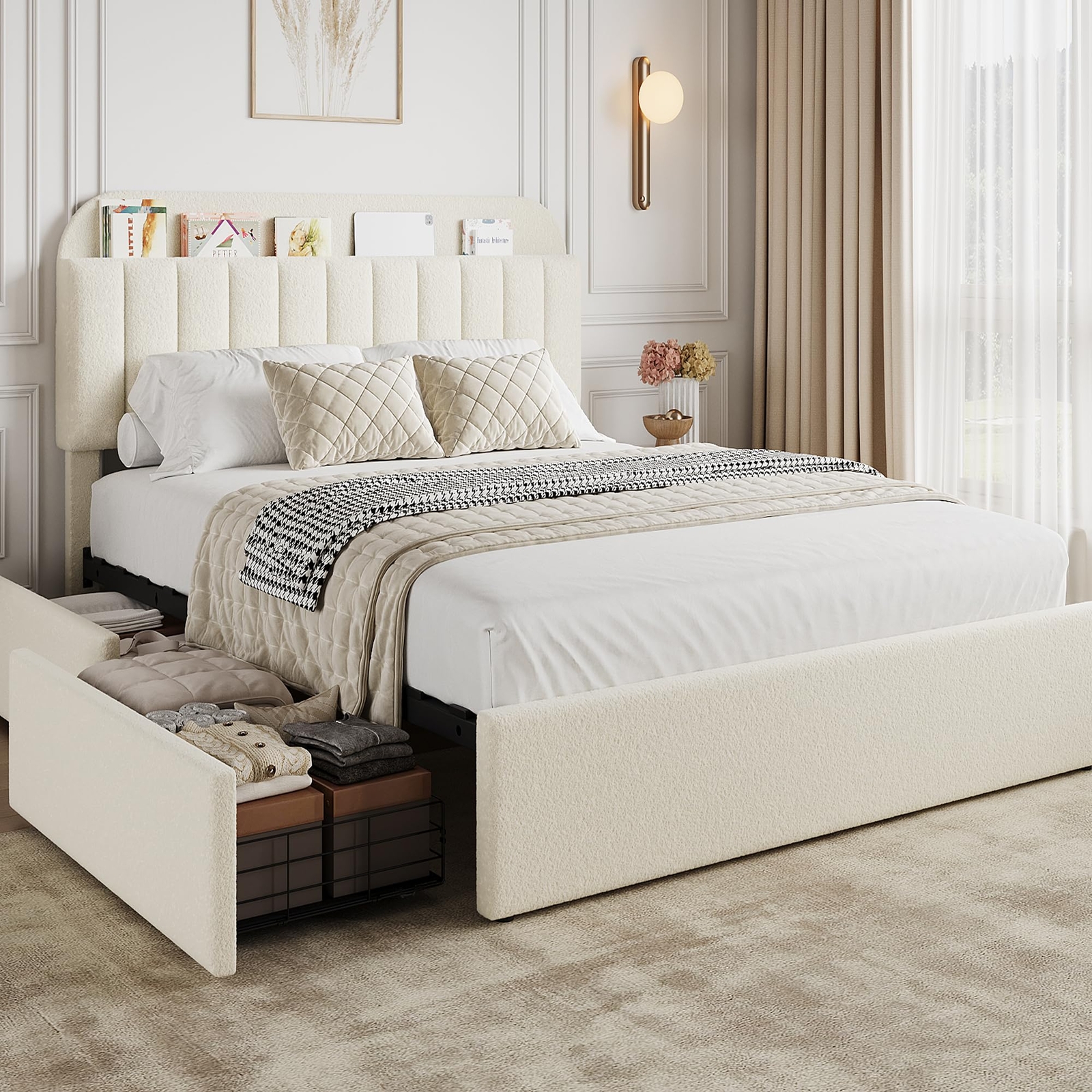 Queen/Full/Twin Size Bed Frame Headboard Platform Bed Frame w/ 2 Drawers Modern