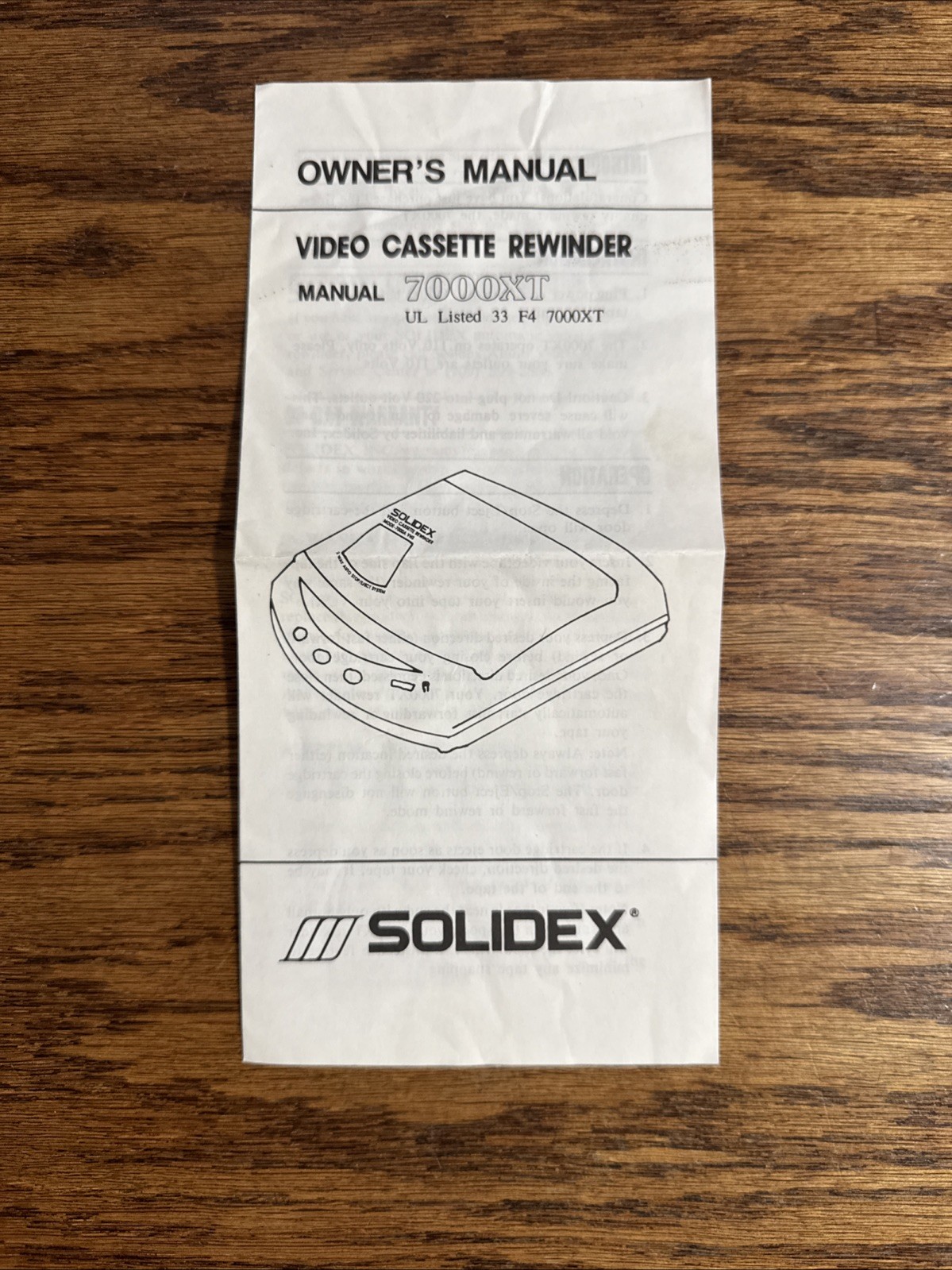 Owner’s Manual Solidex Model 7000XT VHS Rewinder Video Cassette Manual Only